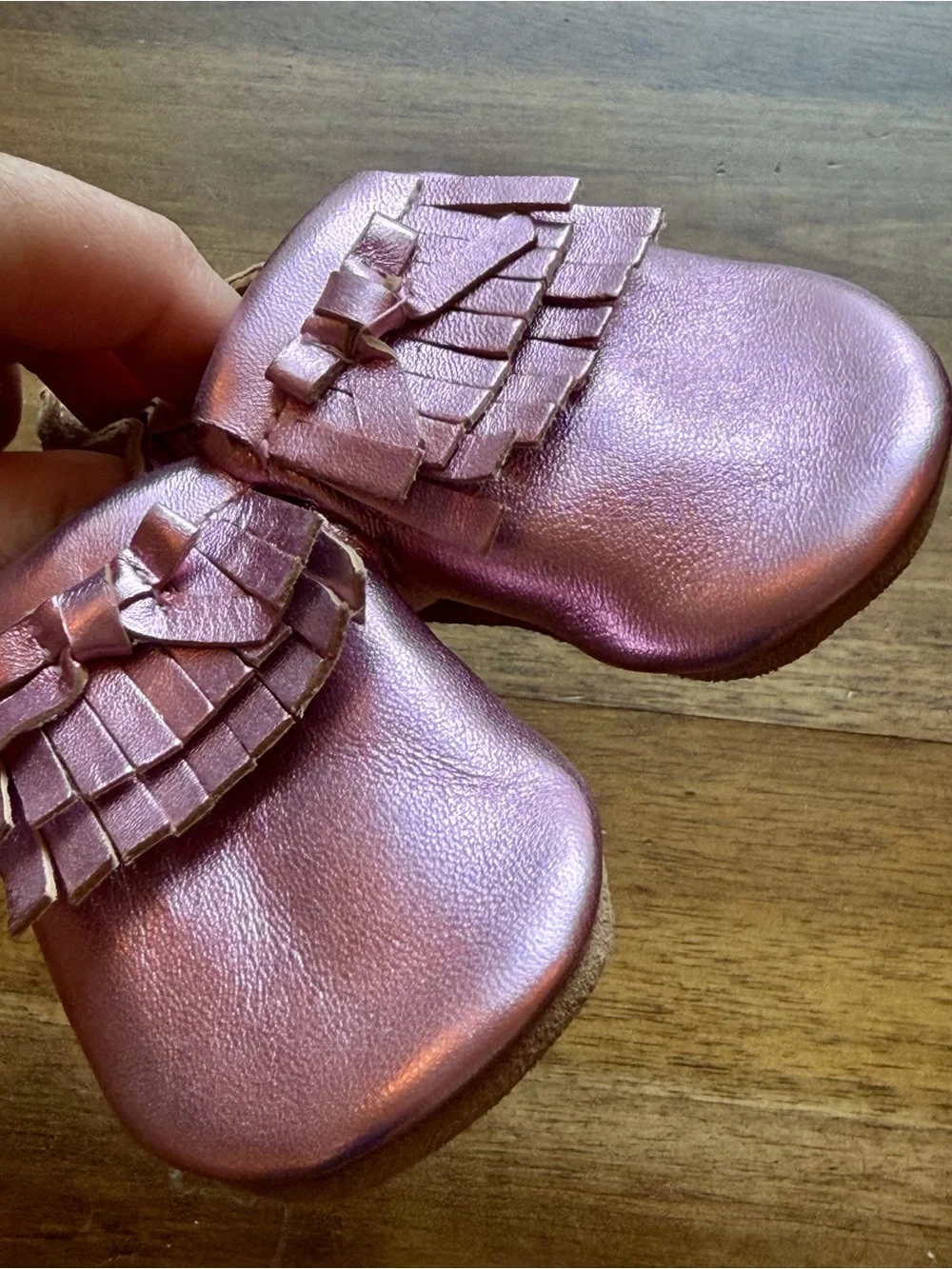 Robeez Girls Pink Metallic Leather Moccasin Shoes with Bow & Fringe Size 6-12M